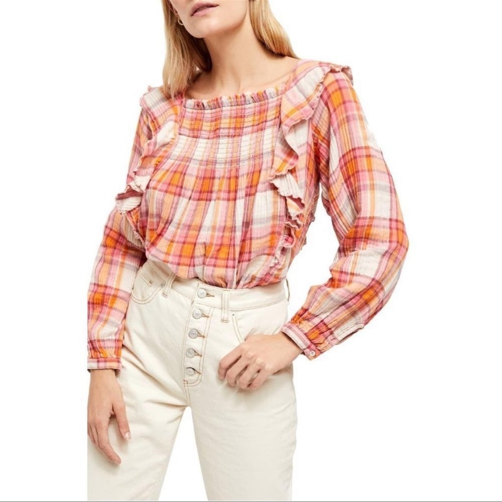 Free People Plaid Ruffle Long Sleeve Blouse